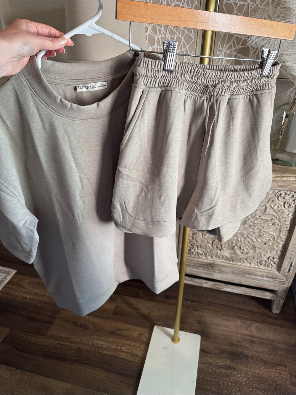 Zenana Outfitters Taupe Lounge Tunic & Shorts Scuba Set